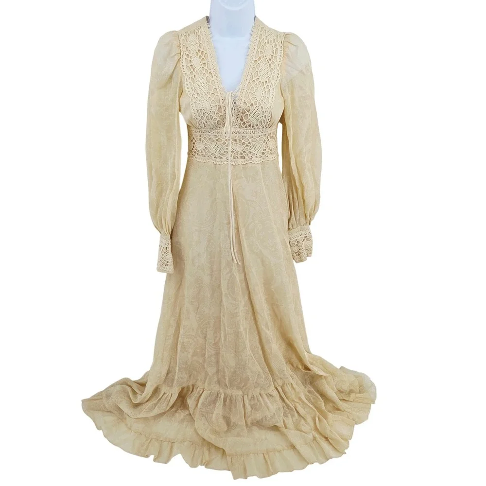 Vintage 1970s Gunne Sax Jessica Cream Crochet Maxi Prairie Sheer Dress Sz 5 - Picture 2 of 16